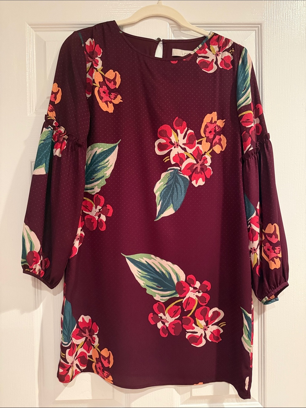 LOFT Burgundy Floral Shift Dress with Puff Sleeves